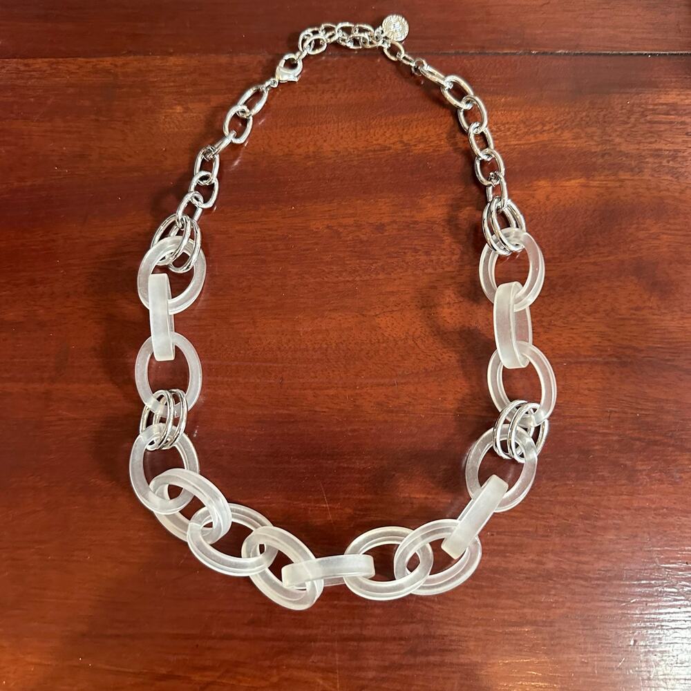 R.J. Graziano Frosted Lucite Chain Links Necklace Statement Jewelry White Silver